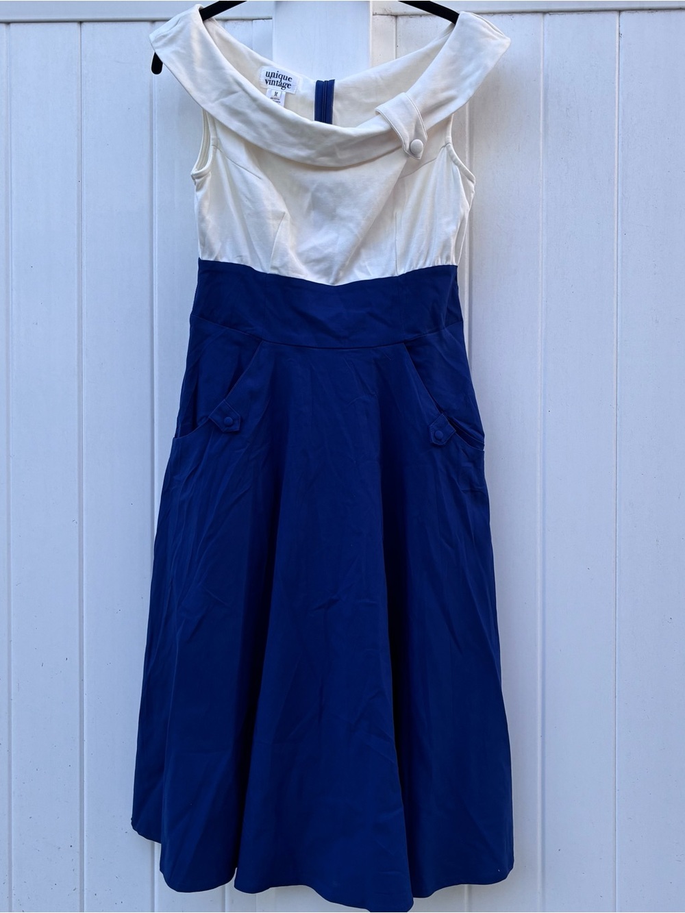 Unique Vintage Women’s Swing Dress Sleeveless White Navy Rockabilly Retro Sz M